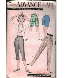 Vintage Advance 8595 Sewing Pattern Sub-Teen Tapered Pants Capris Shorts Sz 12s